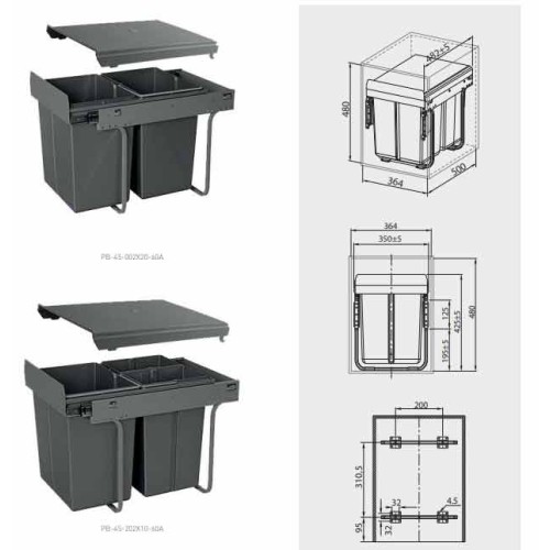 Сегрегатор GTV для кухонных шкафов 400 мм 20 + 2х10 л Графит - PB-45-202X10-60A