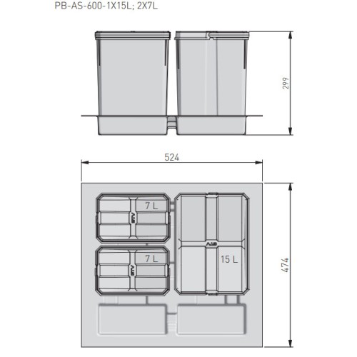 Контейнер для мусора AxiSpase РВ-AS-600-1X15L-2X7L ящики 600мм, 1х15л, 2Х7л - PB-AS-600-1X15L-2X7L