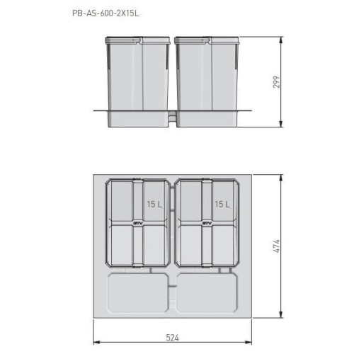 Контейнер для сміття AxiSpase РВ-AS-600-2X15L ящики 600мм, 2х15л - PB-AS-600-2X15L
