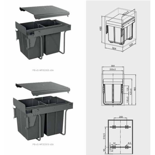 Сегрегатор GTV для кухонних шаф 400 мм 2х20л із кріпленням Графіт - PB-45-MF002X20-60A