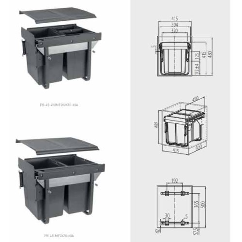 Сегрегатор GTV для кухонних шаф 450 мм 20+20 л З кріпленням Графіт - PB-45-MF2X20-60A