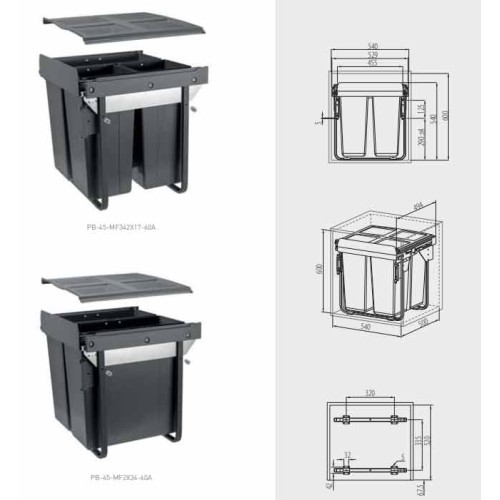 Сегрегатор GTV для кухонних шаф 600 мм 2х34л з кріпленням Графіт - PB-45-MF2X34-60A