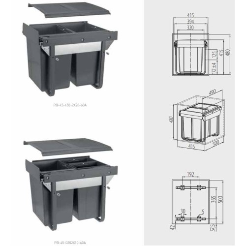 Сегрегатор GTV для кухонних шаф високий 450 мм 20 + 2х10 л без кріплення до фасаду. Графіт - PB-45-0202X10-60A