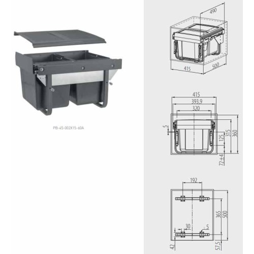 Сегрегатор GTV для кухонних шаф низький 450 мм 2х15л Графіт - PB-45-002X15-60A