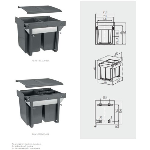 Сегрегатор GTV для кухонних шаф високий 450 мм 2х20л Графіт - PB-45-450-2X20-60A